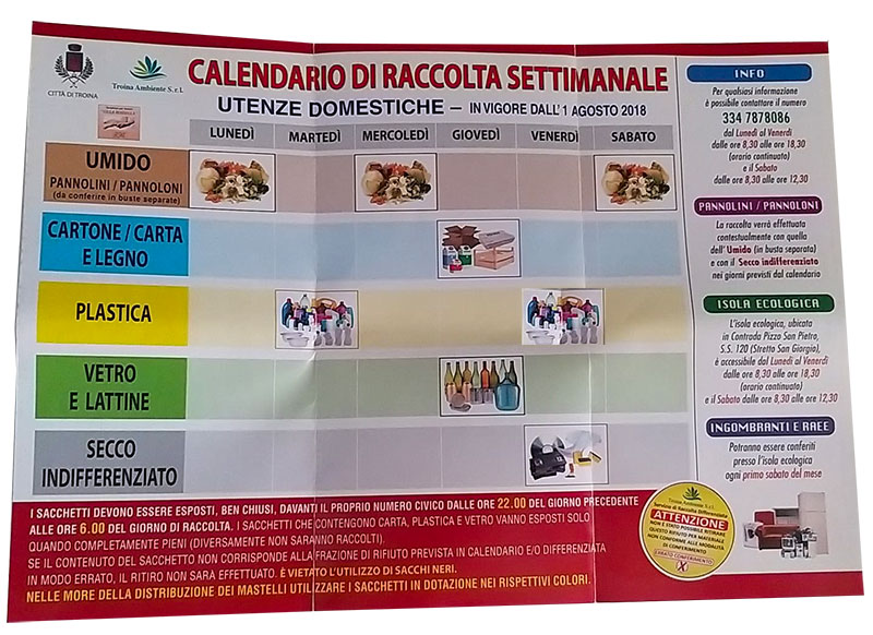 Calendario di raccolta settimanale utente domestiche